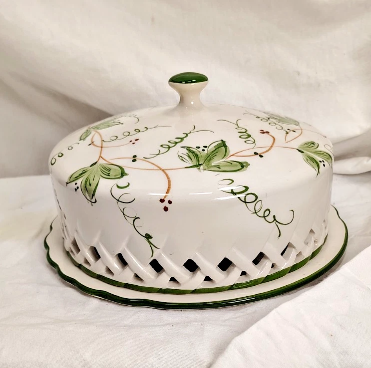 Pie presentation plate and cloche, porcelain white with vines, made in Portugal