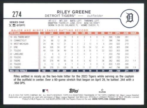 2024 Topps #274 Riley Greene Detroit Tigers 45002 - Picture 2 of 2