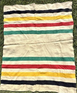 Vintage Hudson’s Bay Style 4 Point Wool Blanket 100% Wool 70x 86 Some Holes