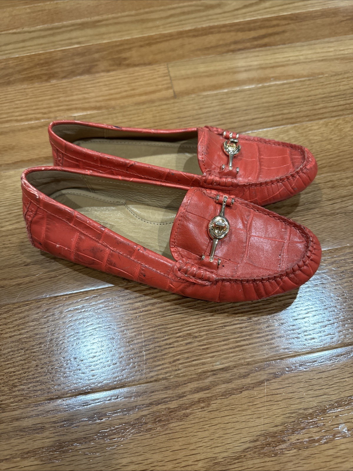 Coach Arlene Leather Driving Loafers Red Orange Gold Kisslock Detail Size 7.5