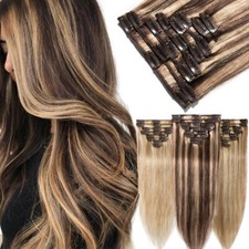 Double Weft Clip in 100 Real Remy Human Hair Extensions Full Head Balayage Ombre
