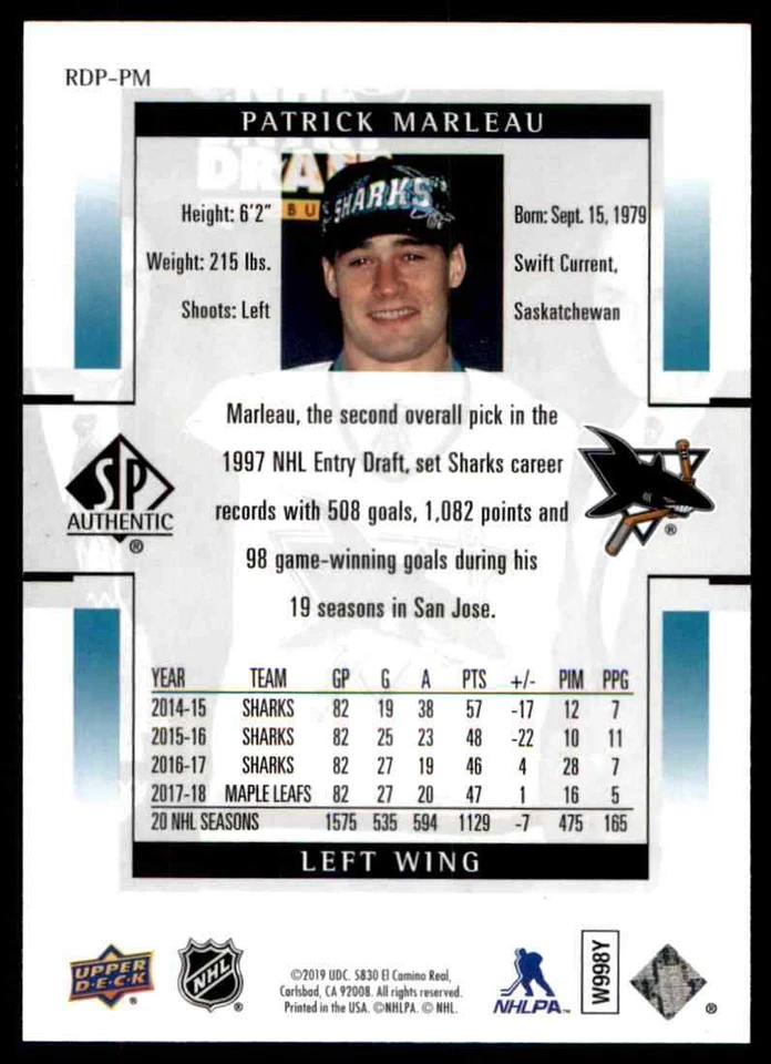 2018-19 SP Authentic '99-00 Retro Draft Picks Patrick Marleau #RDP-PM - Image 2 of 2