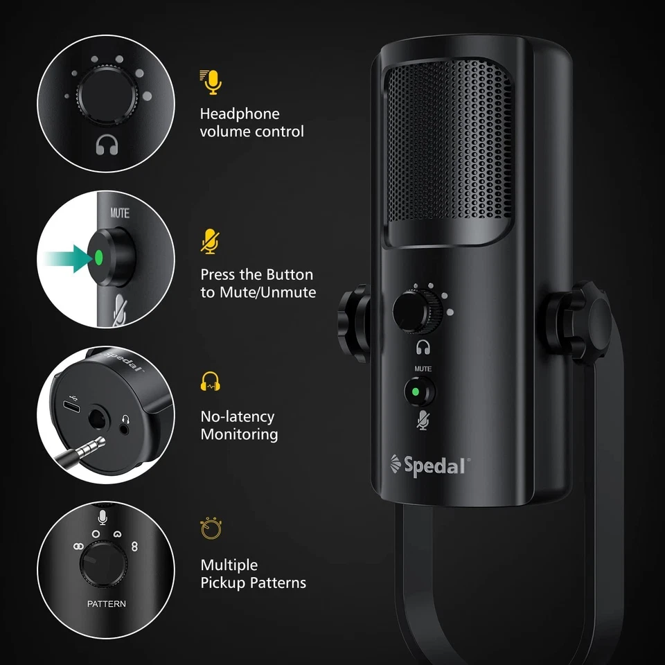 Spedal USB Microphone 4 Professional Pickup Patterns Computer Mic for PC Mac A - Image 3 of 4