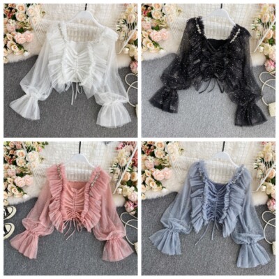 トップス sovisoon sherbet tulle frill blouse Lady Mesh Blouses Chiffon Cropped Tops Ruffle Frill Rhinestone