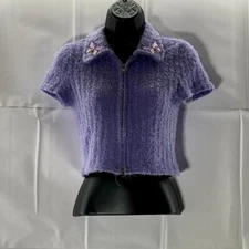 SHEIN Women's Purple Butterfly Collar Fuzzy Short Sleeve Zip-Up Crop Top SZ S