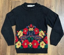 Vintage Eagles Eye Floral Chunky Knit 90s Sweater Cottagecore Small