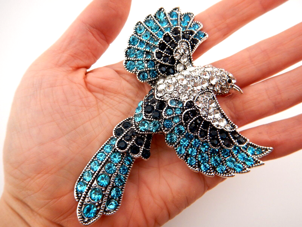 Aqua Rhinestone Sparrow Brooch Silver Tone Blue Bird Pin 6W