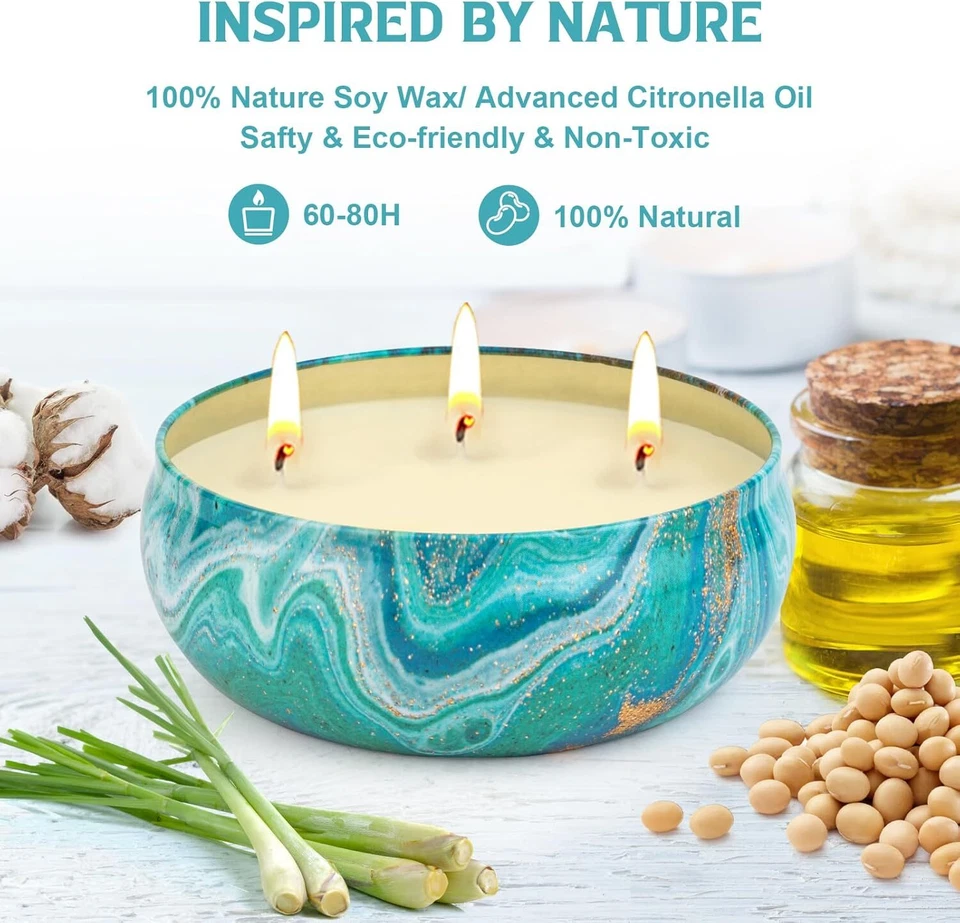 3 Wick Soy Wax Lemongrass Candle Set Outdoor Decorative 36oz Scented Jar Candle - Image 2 of 4