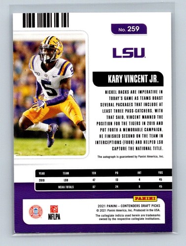 2021 Panini Contenders Draft Picks College Ticket Auto Kary Vincent Jr. #259 RC - Picture 2 of 2