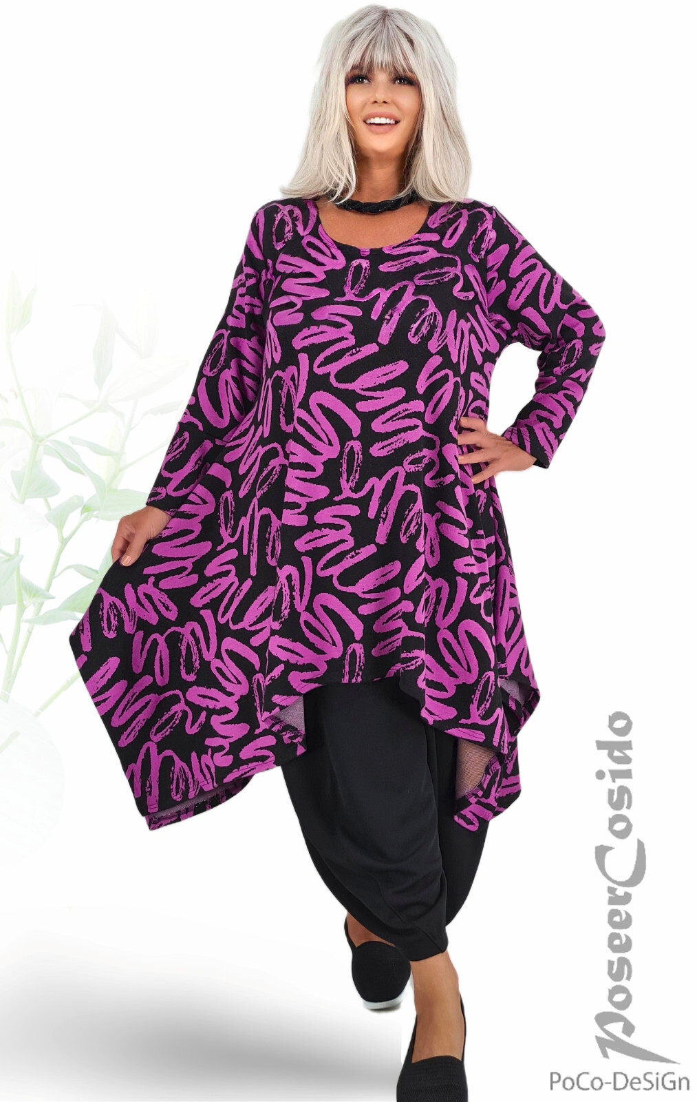 LAGENLOOK Pullover-Strick-Kleid schwarz cyclam 44 46 48 50 52 54 56 58 XL XXL
