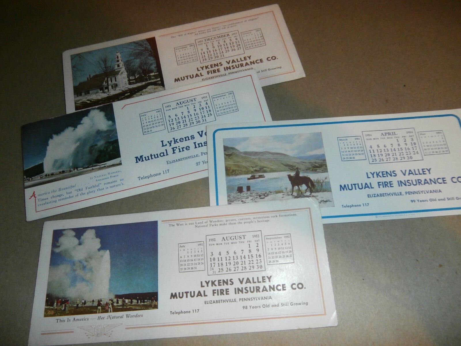 4 Vintage Lykens Valley Fire Insurance Co Elizabethville PA Calendar