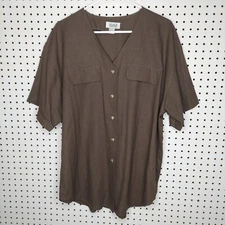 Sostanza Silk Button Shirt Womens 20W Brown Textured V-Neck Short Sleeve Pockets