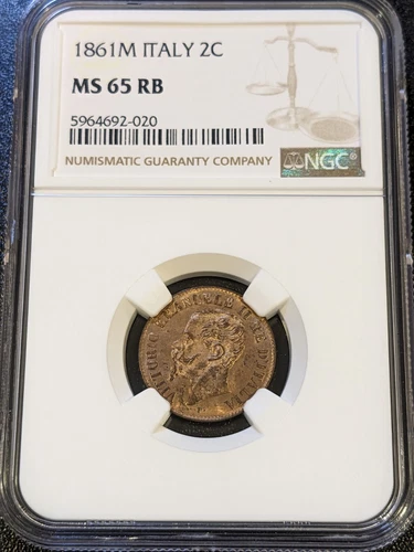 1861 M MS65 RB Italy 2 Centesimi NGC KM 2.1 Milan Mint