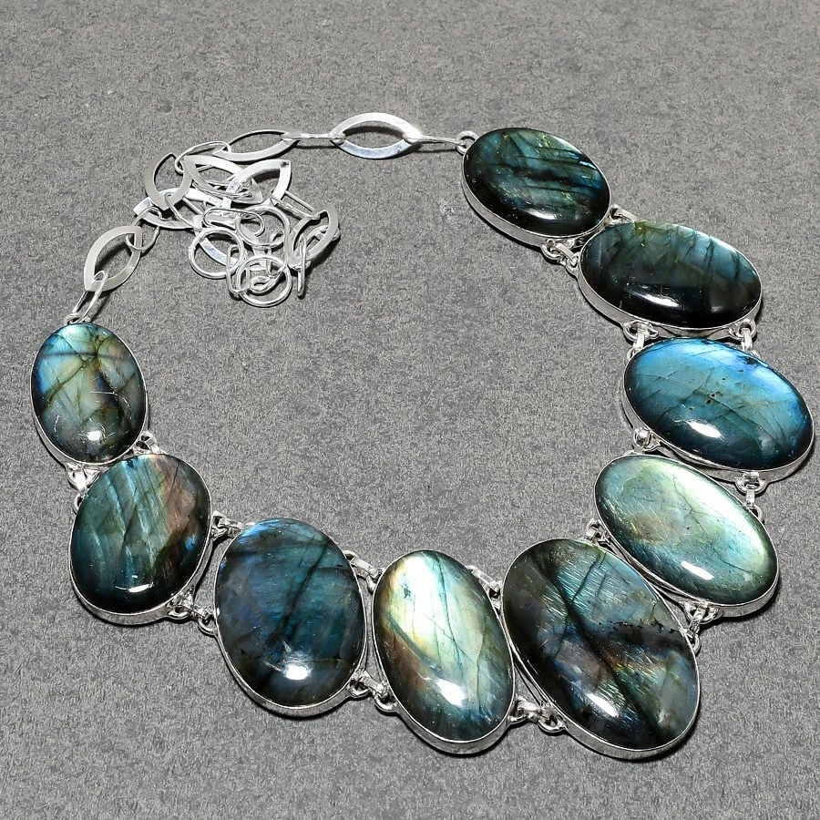 Blau Feuer Labradorit ovale Form Edelstein Handarbeit Schmuck Halskette 18" SR 6770