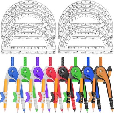 16 Pack Math Compass & Protractor Set Geometry Math 6 Inch Plastic Drawing