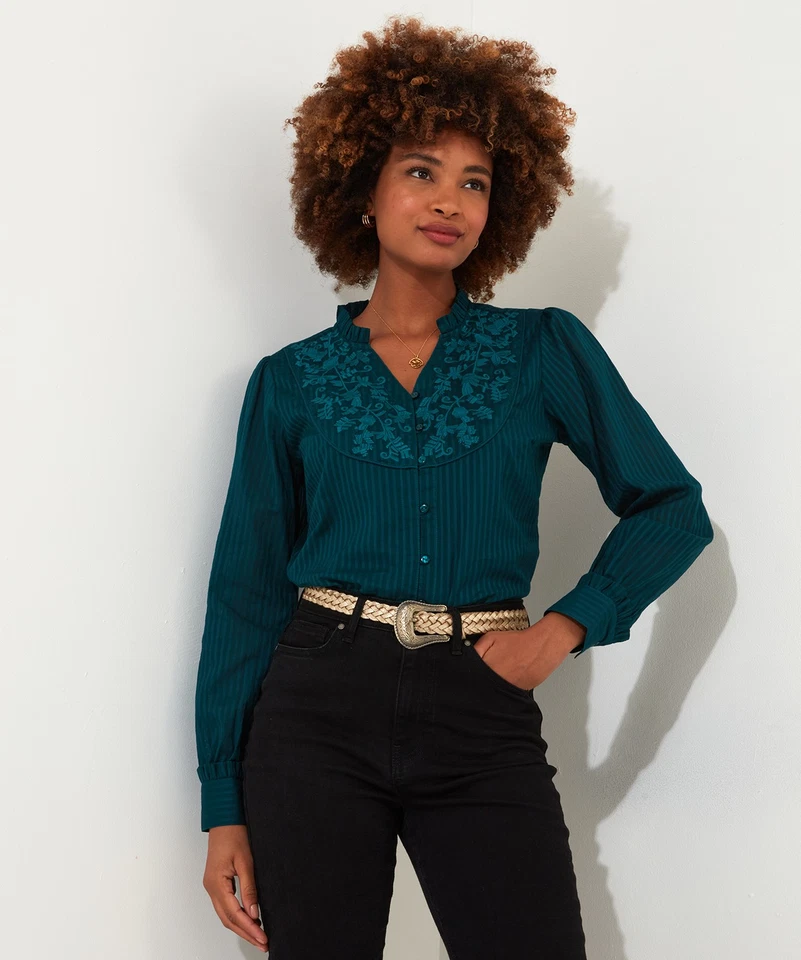 Joe Browns Women's Vintage Embroidered Yoke Collarless Long Sleeve Blouse,