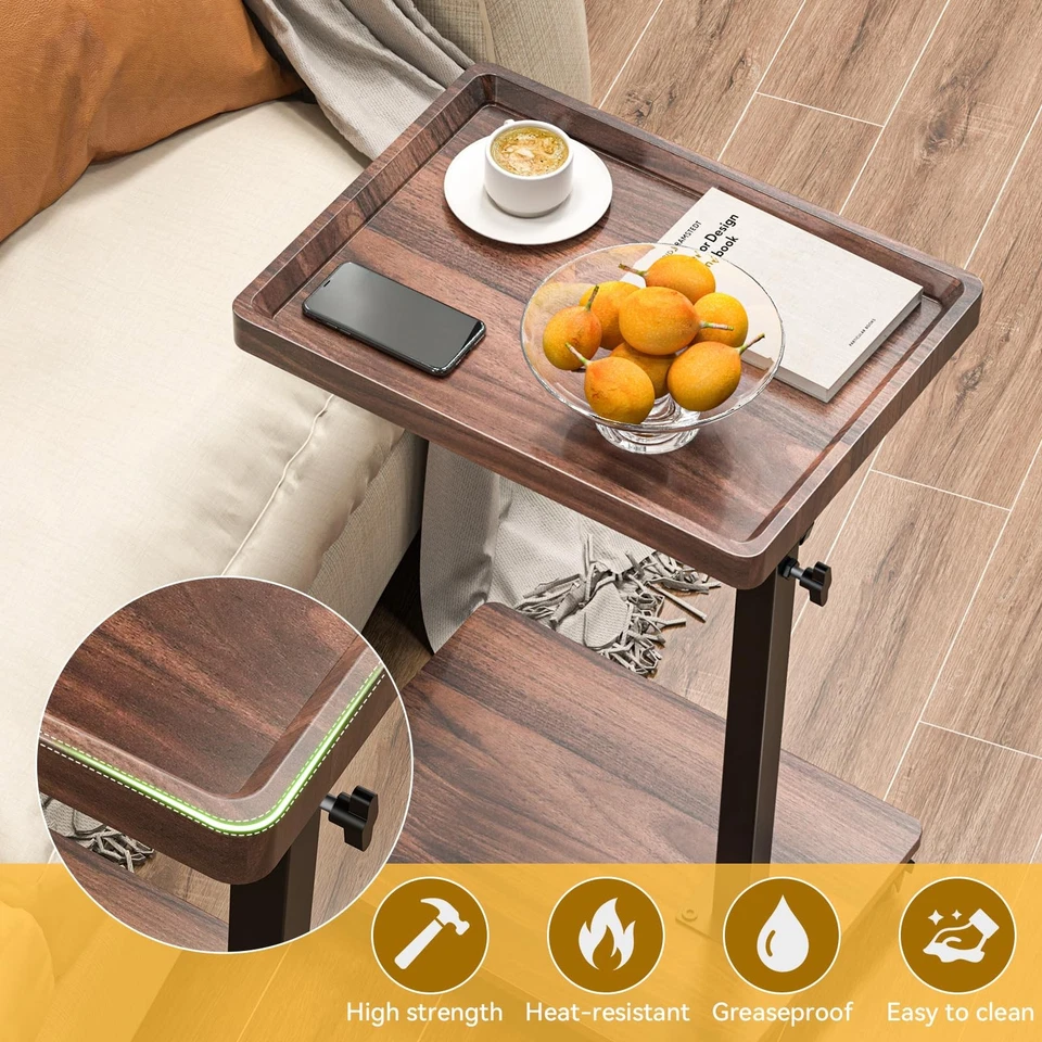 C Table End Table, TV Tray Couch Tables with Wheels, 360° Swivel, Adjustable Hei - Image 3 of 4