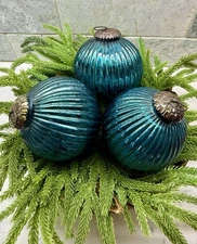 3 Large Antiqued Blue Mercury Glass Kugel Ribbed Ball Christmas Ornaments 4”