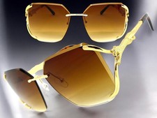 Classic Elegant Vintage Retro Style SUNGLASSES Big Rimless Gold Frame Honey Lens