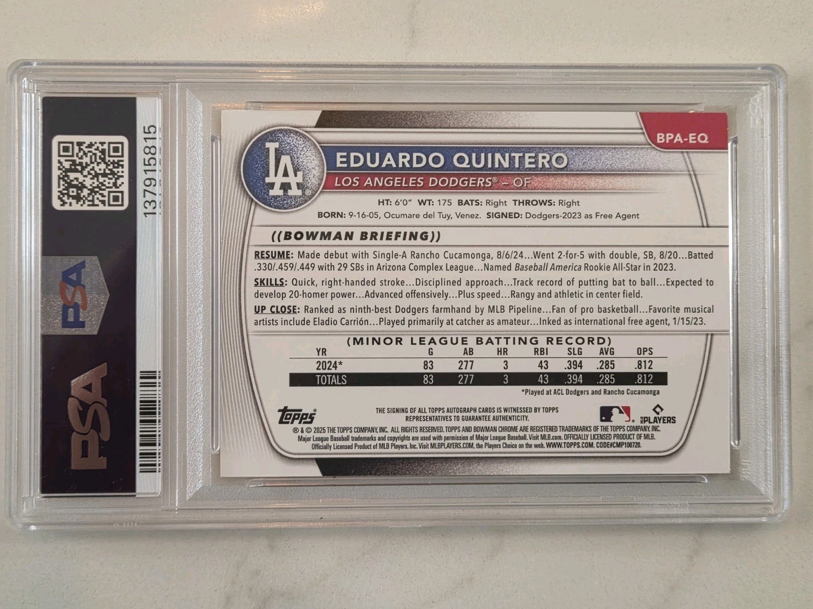 2025 Bowman EDUARDO QUINTERO Prospect 1st RC Rookie Auto Orange #/25 PSA 9 Mint view 3