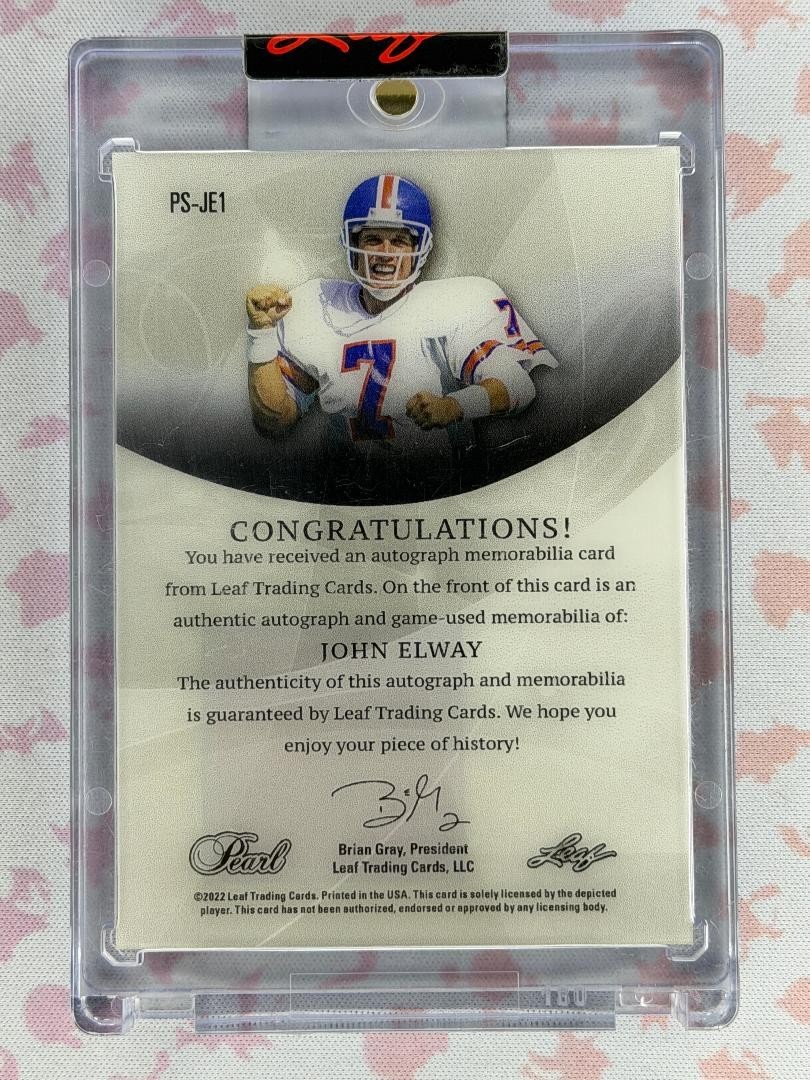 2022 Leaf Pearl John Elway Paragon Signatures 1/2 Auto/Game Used Patch view 2
