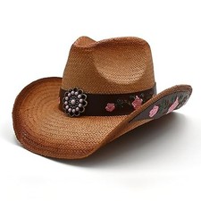 Men's Women's Straw Cowboy Hat Cowgirl Woven Sun Hat One Size-Medium Brown-rose