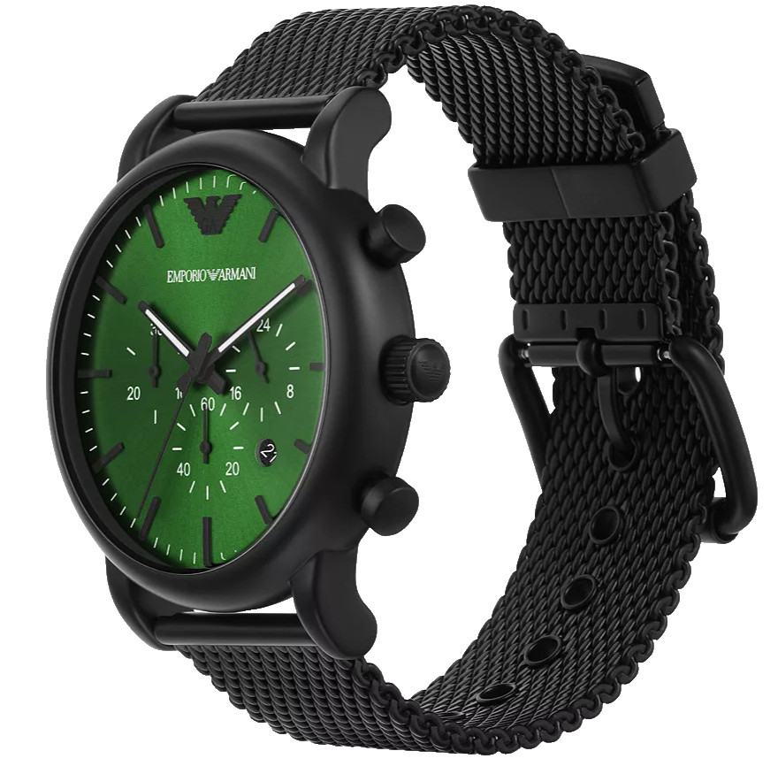 EMPORIO ARMANI LUIGI CHRONOGRAPH AR11470 GREEN DIAL BLACK MESH BAND MENS WATCH