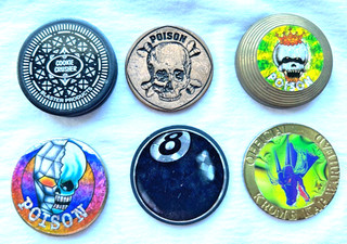 Vintage Pogs Metal or Brass 6/pc lot 3 Poison 1 8 ball 1 Warhead and 1 Cookie