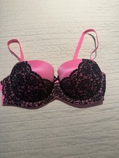 VINTAGE Victoria's Secret pink black lace push-up balconette bra size 34D