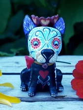 Sm Skeleton Dog Valentine Love Day of the Dead Hearts Handmade Mexican Folk Art