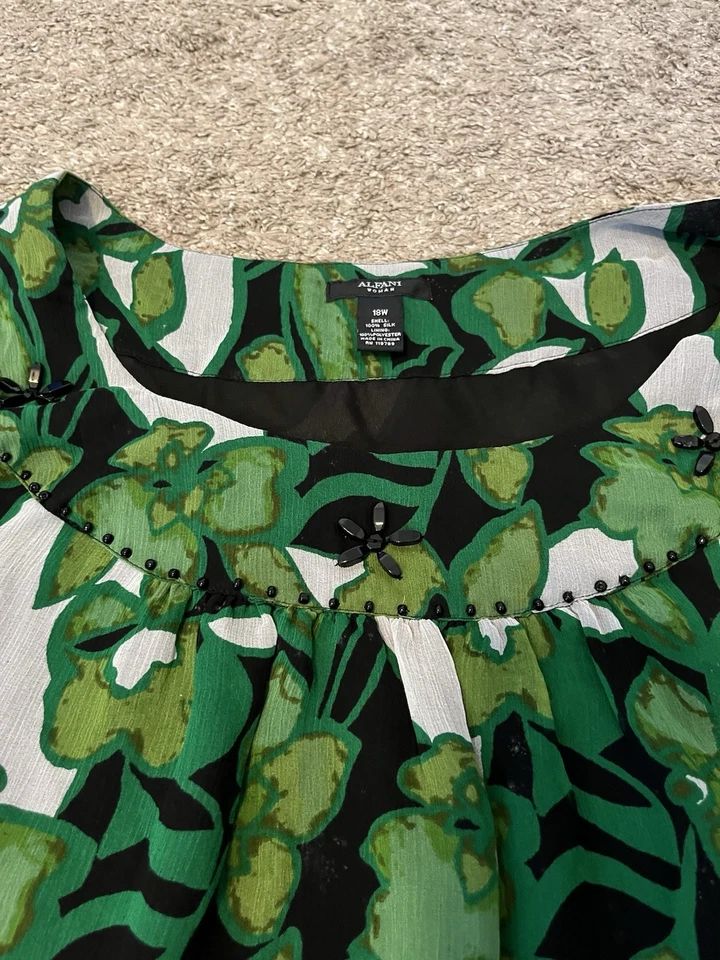 Blusa Alfani Vintage Verde Seda Floral Cuello Cuentas Mujer Talla 18W Años 90 Y2K Foto 2 de 4