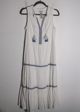 Tommy Bahama Tiered Cotton Split Neck Midi Dress Medium White Tassel Embroidered