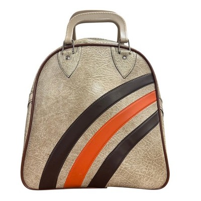 Vintage One Ball Bowling Bag 1980's Beige w/ Orange and Brown Trim Swoop Design