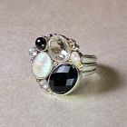 Sterling Silver Multi Stone Ring Beautiful Vintage Onyx, Pearl, Quartz 925