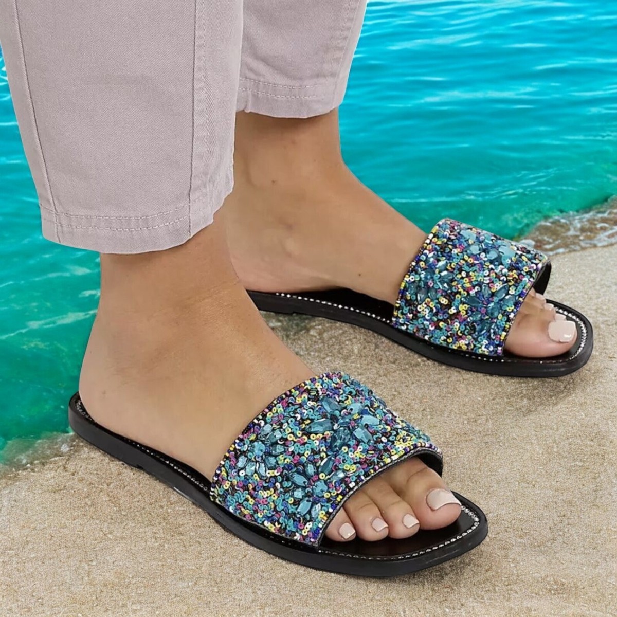 River Island Sandals Womens Embellished Sliders Beach Flip Flops Holiday  UK5 NG