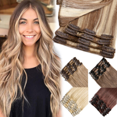 16'' 18'' 20'' 22'' Clip In Real Remy Human Hair Extensions Full Head Highlight US