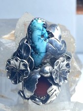 Turquoise ring flowers Coral southwest sterling silver women