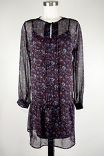 Ann Taylor Loft Purple Maroon Floral Pleated Drop Waist Shift Dress Size M Sheer