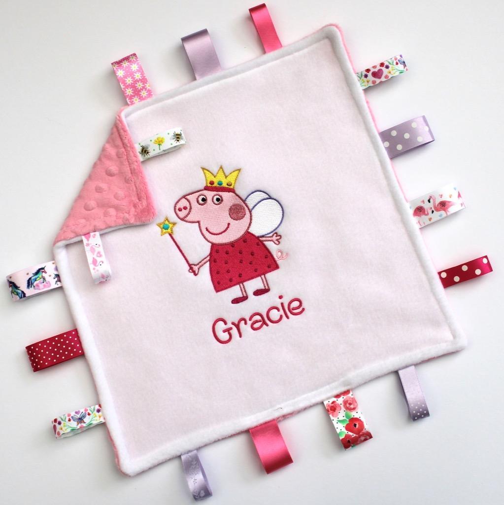 Personalised Fairy Peppa Pig Taggy Comforter Blanket Baby Girl Taggies Gift