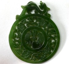 Chinese Natural Untreated Spinach Jade Dragon Floral Plaque/Pendant