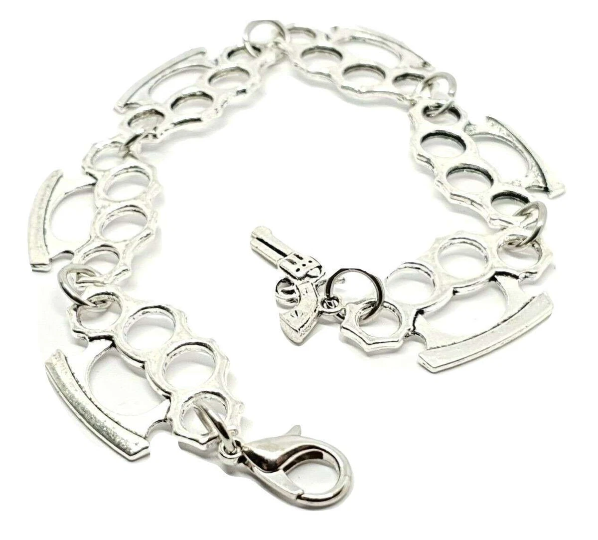 Knuckle Duster Bracelet with Gun Charm Thug Punk Rock Alternative Silver Tone