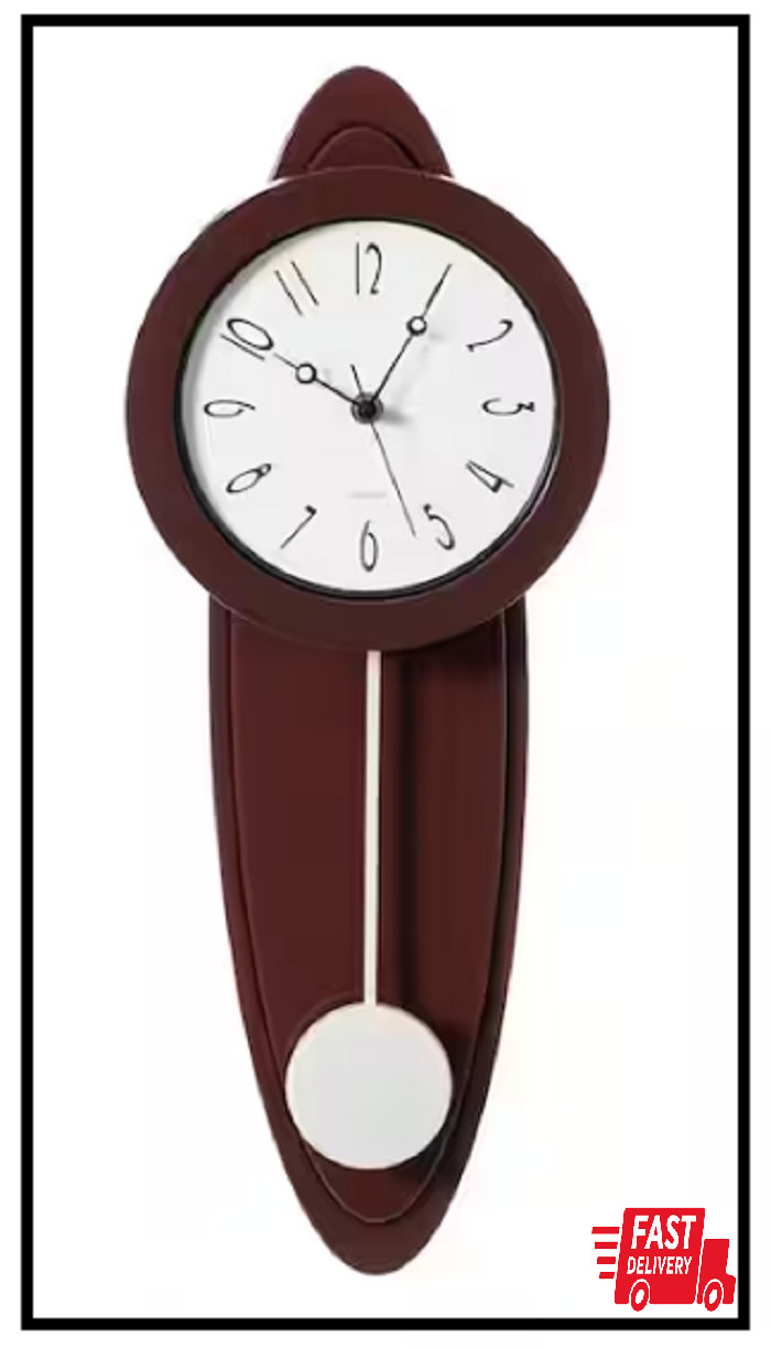 Modern Grandfather Brown Oval Pendulum Wood-Looking Plastic Wall Clock for Livin