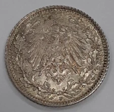 1918-D Imperial Germany 1/2 Mark 90% Silver Coin  AU w/Toning