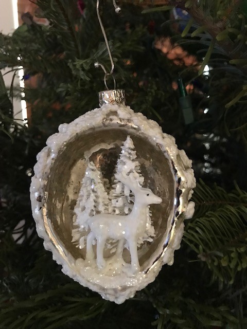 Pottery Barn Deer In The Trees — Snowy, Gold Pinecone Glass Christmas Ornament