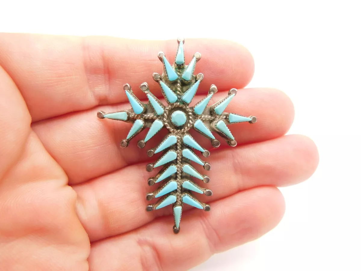 ZUNI INDIAN VERA HALUSEWA STERLING SILVER TURQUOISE PETIT POINT CROSS PIN PENDAN
