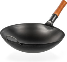 Wok Padella Professionale 36 Cm- Tradizionale Wok Fondo Tondo in Acciaio Al Carb