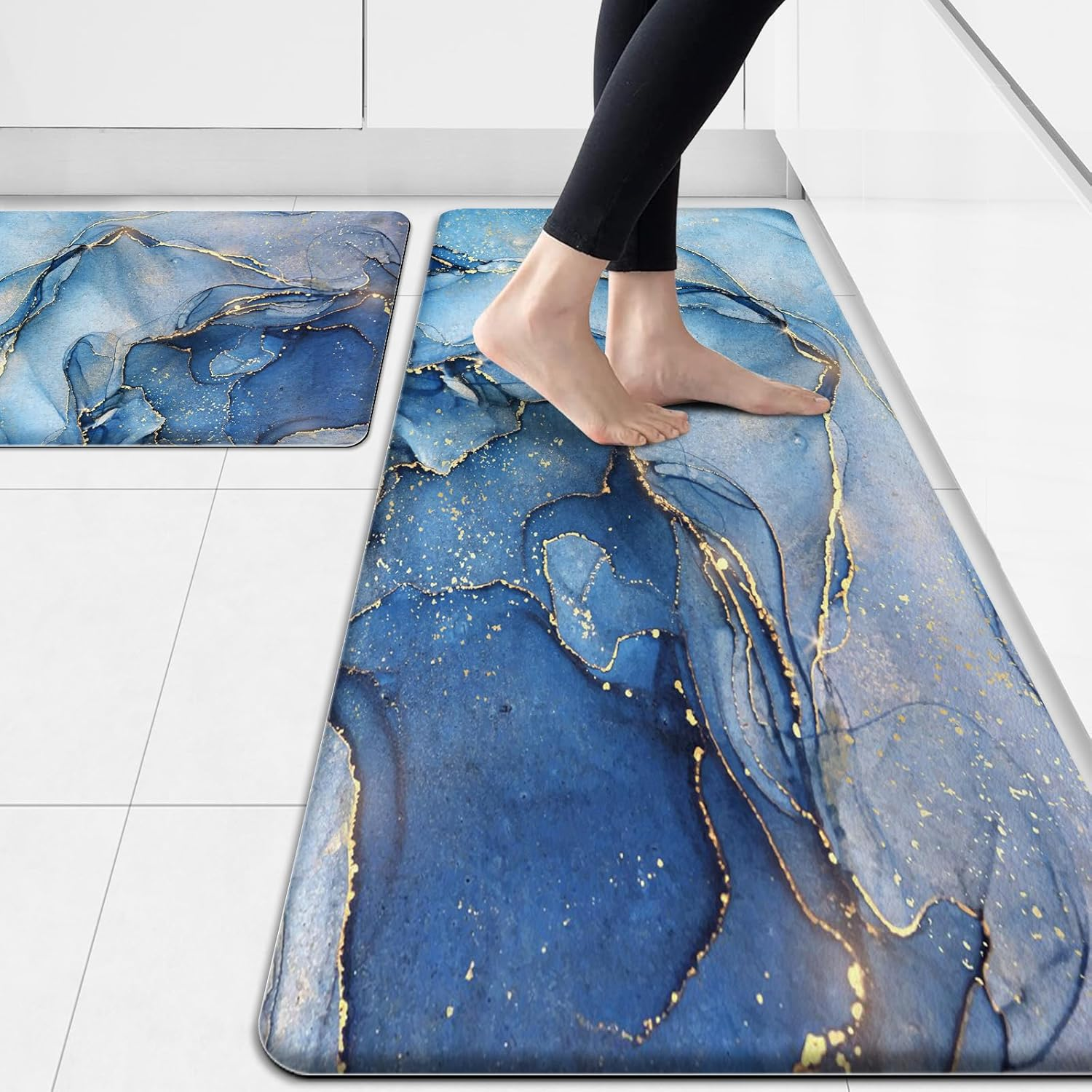 Blue cushioned anti-fatigue kitchen rugs set of 2 abstract marble design