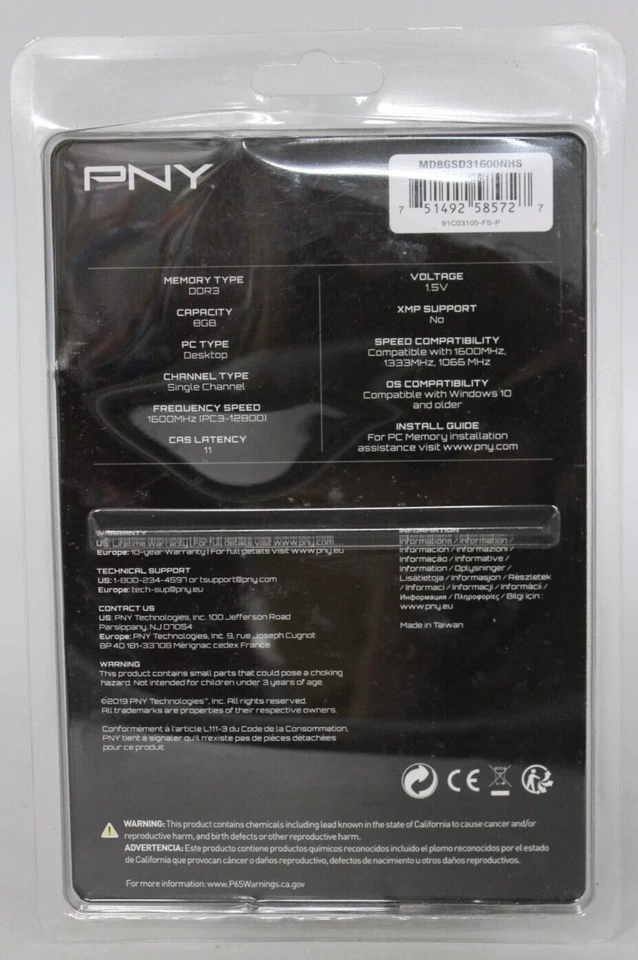 PNY 8GB 1600 MHz DDR3 DIMM Desktop Memory New in Sealed Package Single Channel - Image 3 of 4