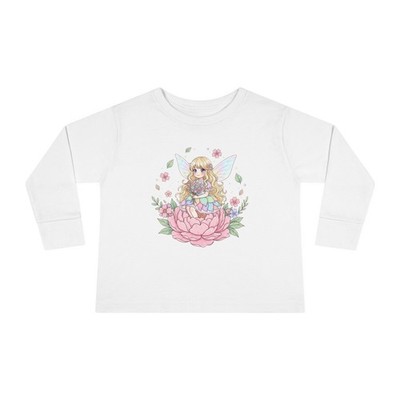 Fairy on Pink Peony Toddler Long Sleeve Tee | Wings