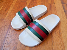 Gucci Men's Pursuit 72 Web Stripe Slide Sandals White Made in Italy Mens 7.5